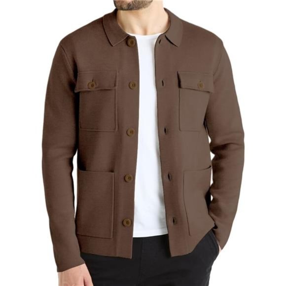 Men's Cardigan Sweater Casual Knit Button Down Long Sleeve Winter Sweater, Brown - Picture 1 of 5